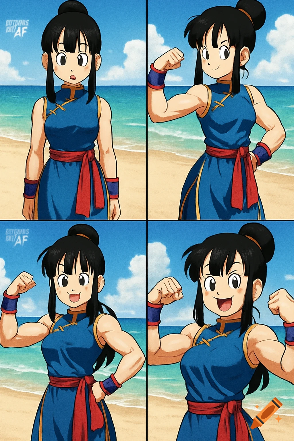 Anime comic strip panels show Chi Chi flexing her arms on a beach