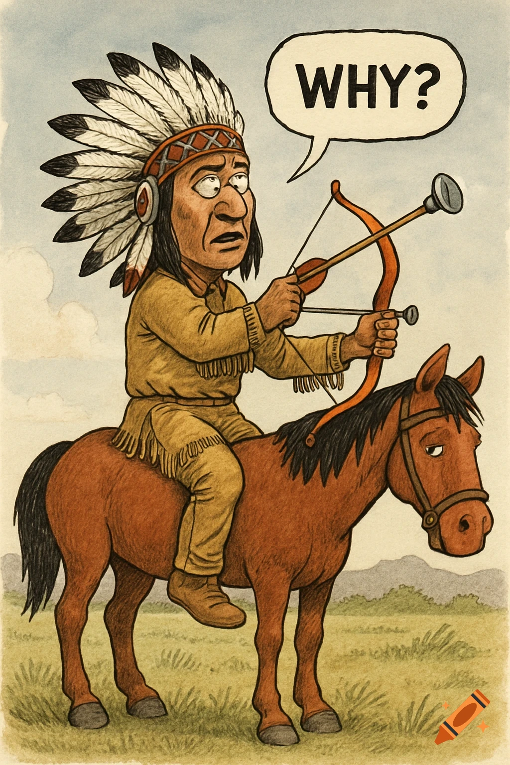 Cartoon Native American chief riding a horse, holding a suction cup bow, with a speech bubble saying 'WHY?'