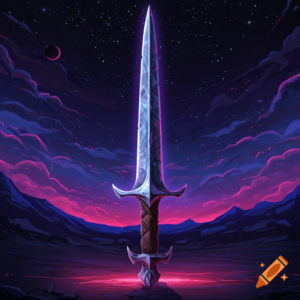 A glowing fantasy sword stands upright in a cosmic landscape with purple clouds and stars.