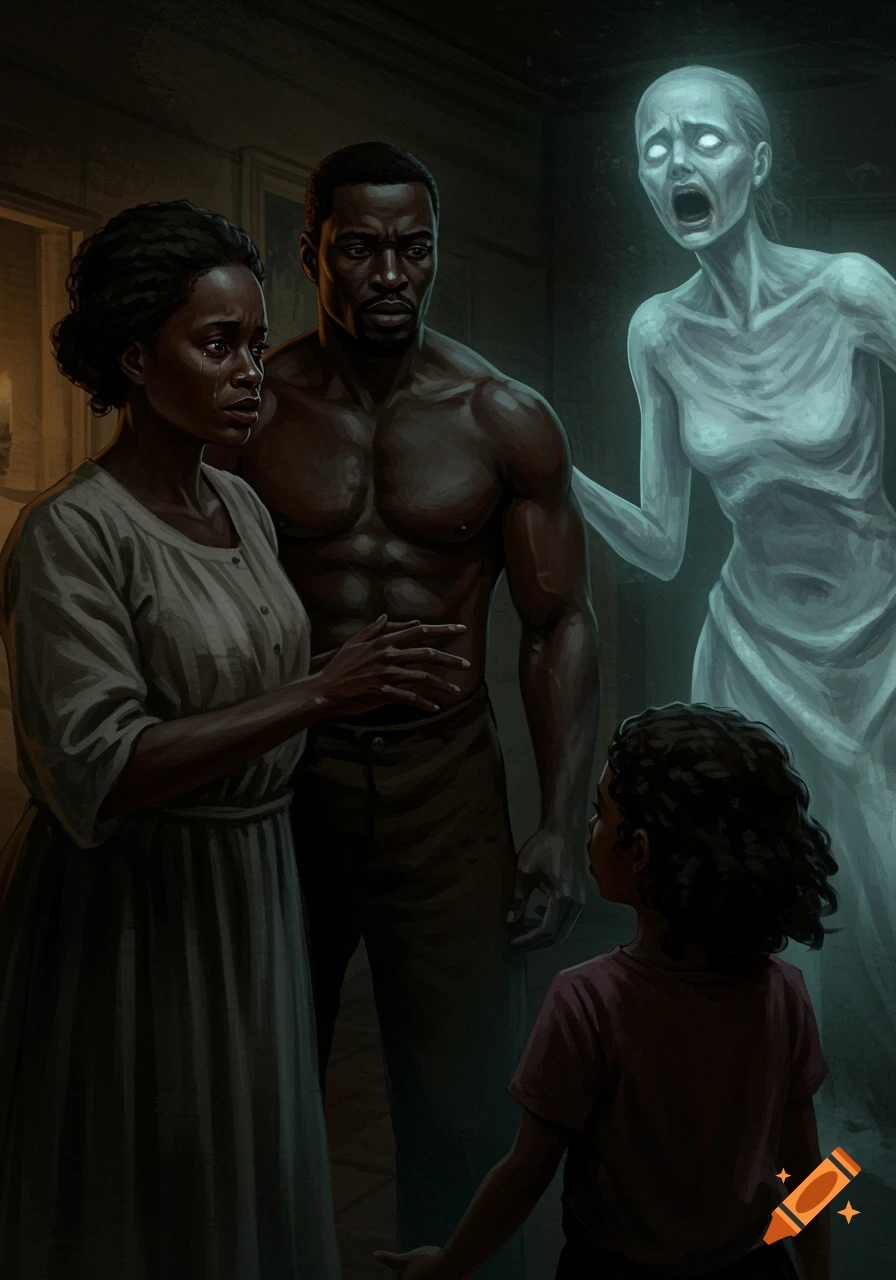 A family looks in fear at a pale, screaming ghost in a dark room.