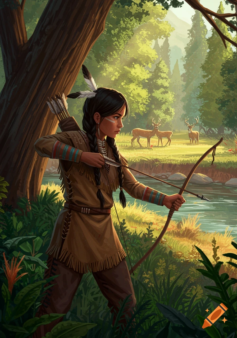 An illustration of a Native American woman hunting deer with a bow and arrow in a forest.