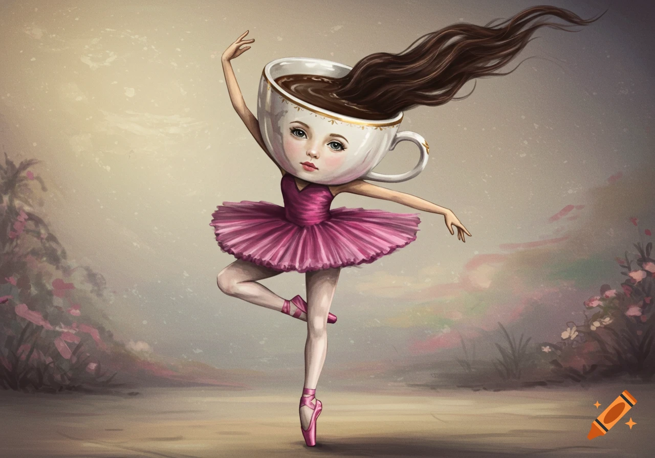 A surreal illustration of a ballerina with a coffee cup as a head and coffee flowing as hair, wearing a pink tutu.