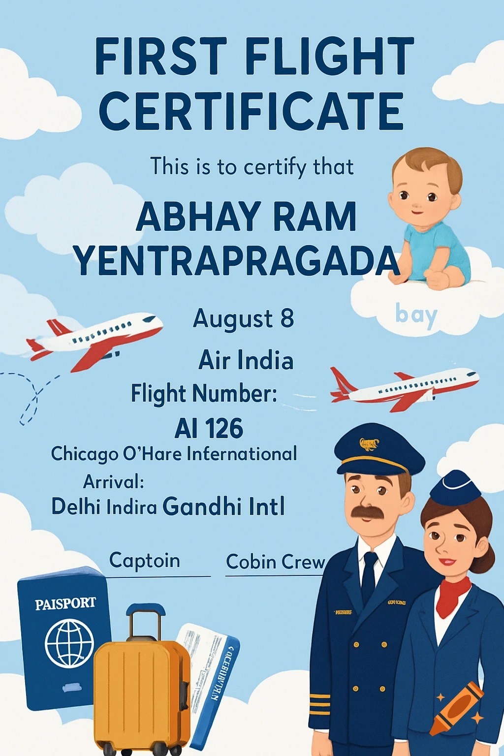 Cartoon first flight certificate for a baby with planes, luggage, a pilot, and a flight attendant.