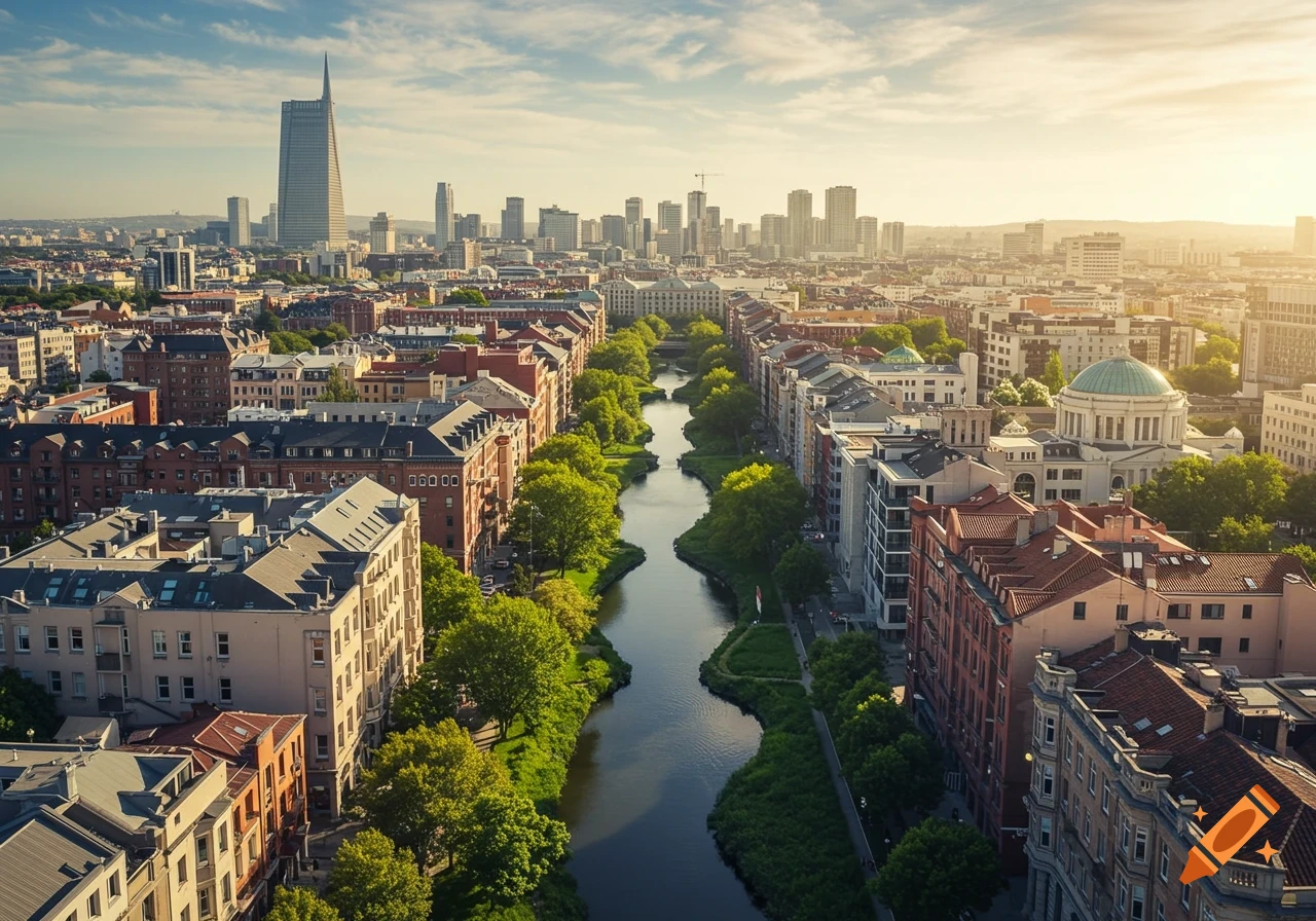 Aerial view of a city skyline with a river winding through it, featuring tall buildings and a distinctive skyscraper