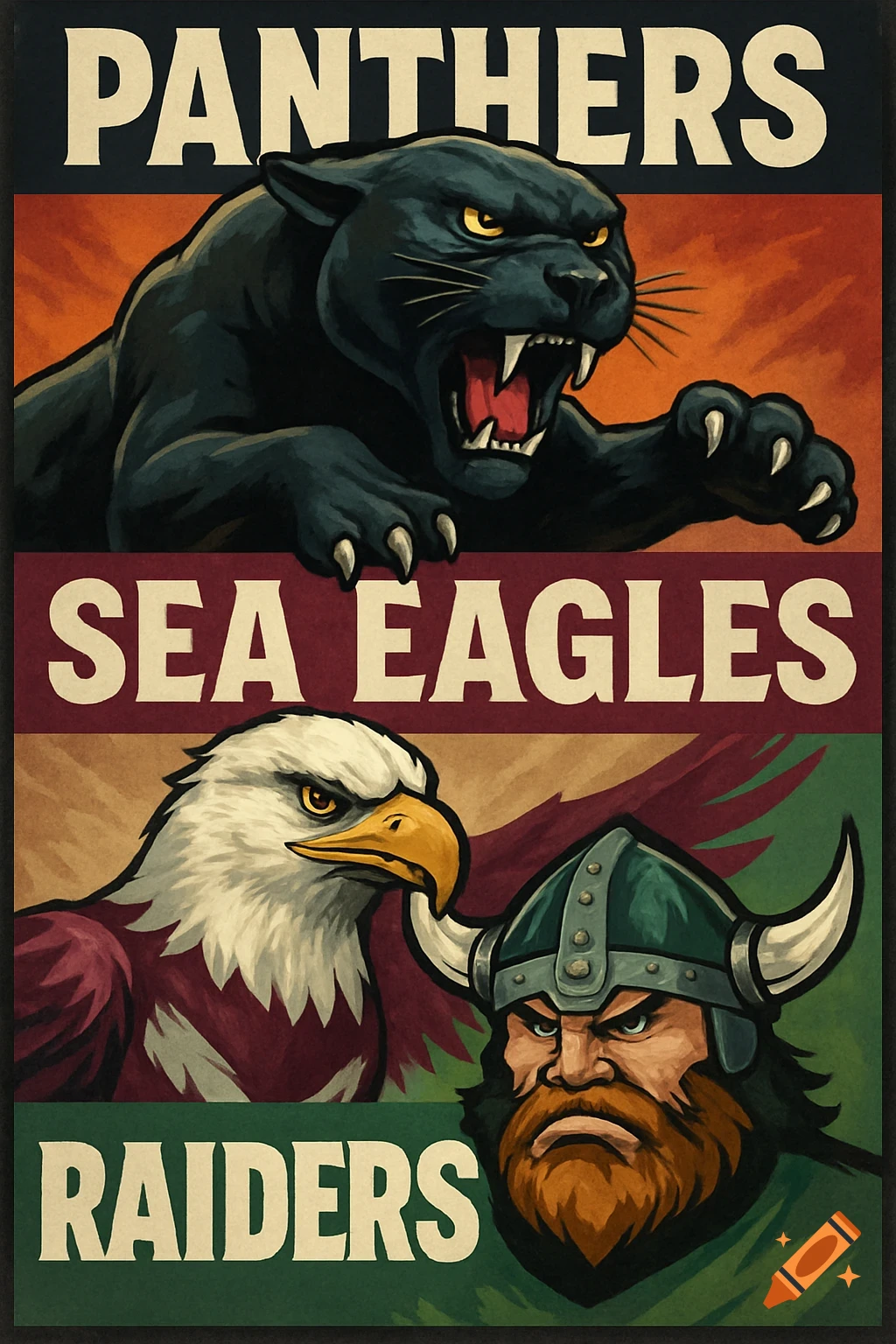 Poster with panther, eagle, and viking head labeled Panthers, Sea Eagles, and Raiders.
