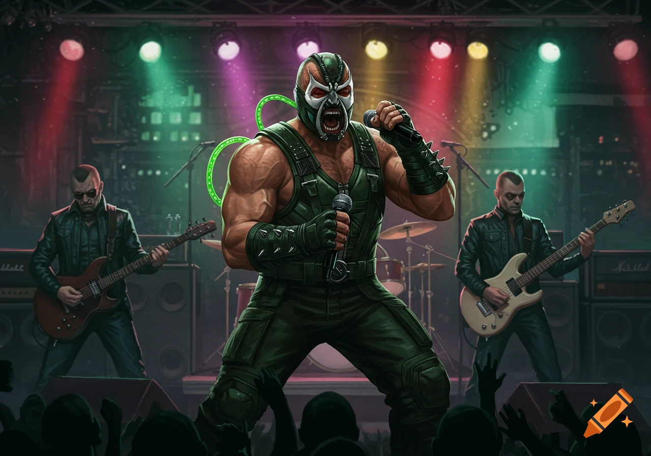Bane sings with a goth rock band on stage under colorful lights.