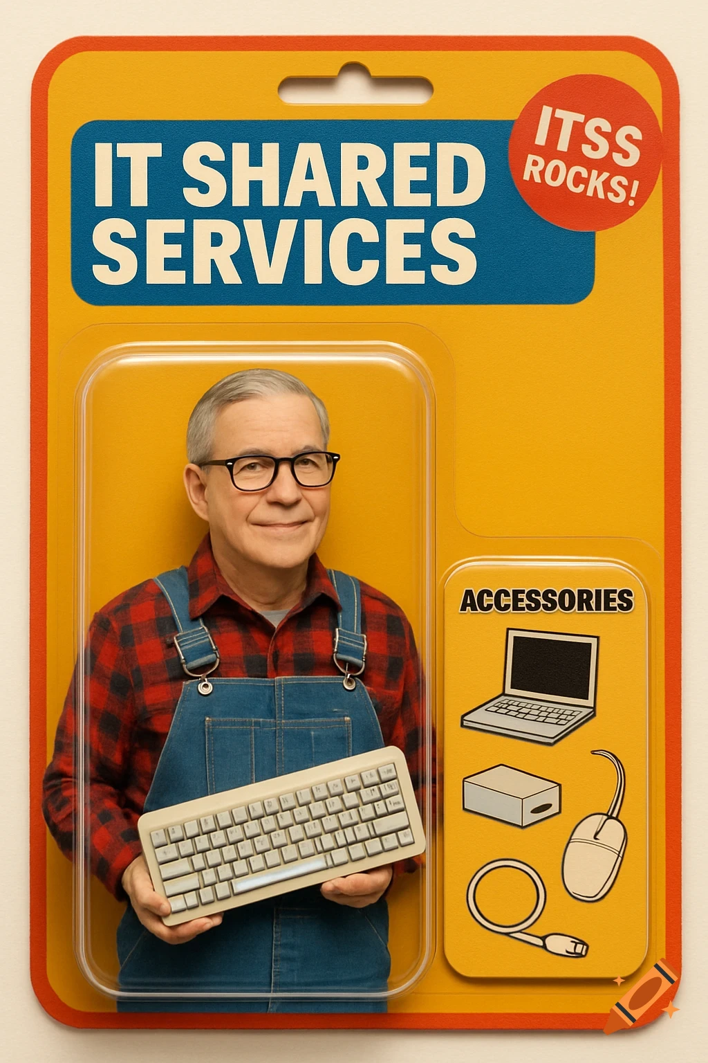 Retro toy packaging for 'IT Shared Services' action figure. Figure is a man in overalls holding a keyboard.
