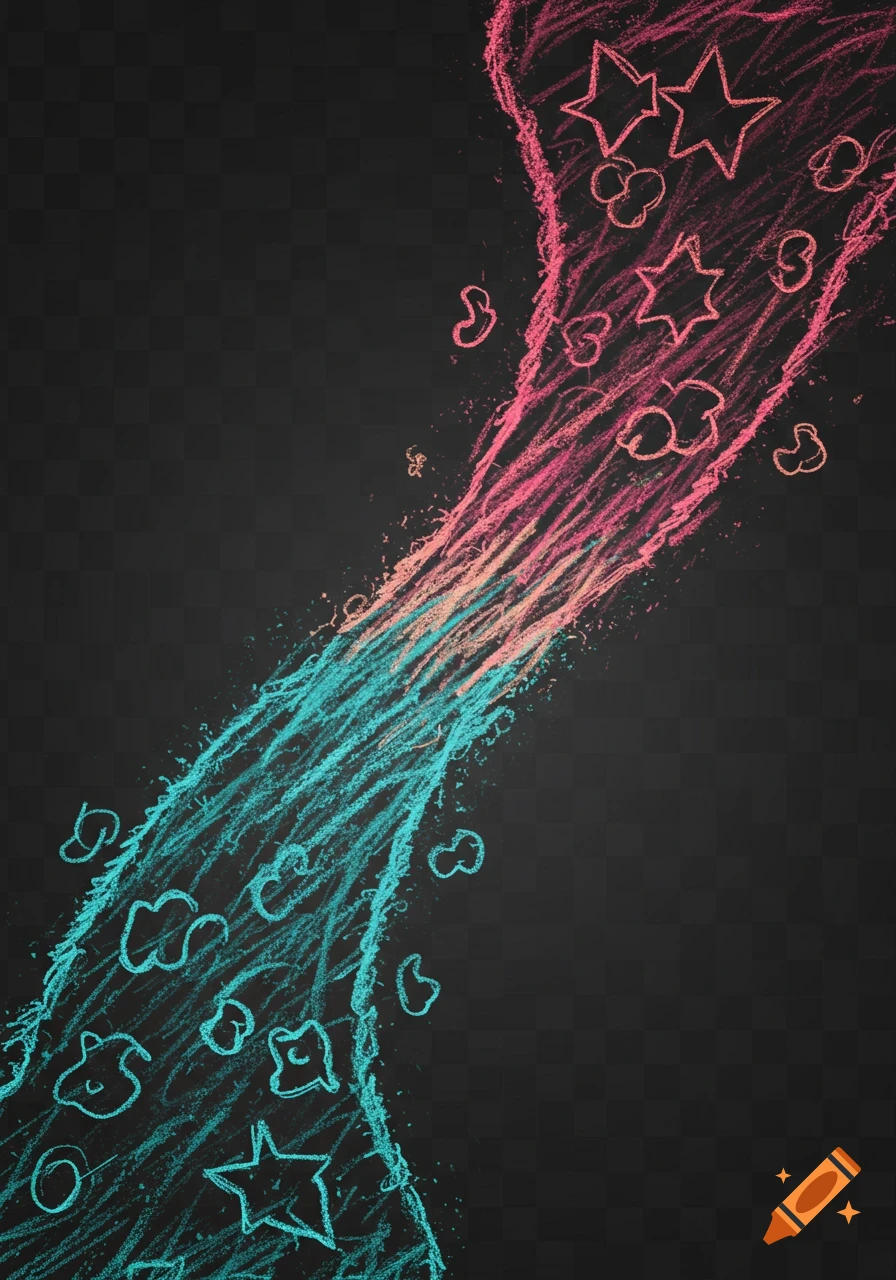 Chalk scribble with pink and blue stream, stars, and shapes on a transparent background.