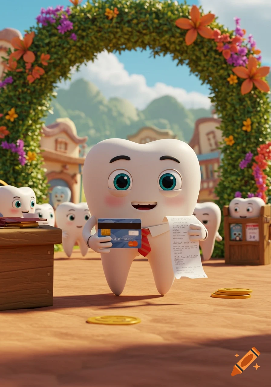 Cartoon tooth character holding a credit card and receipt in a village.