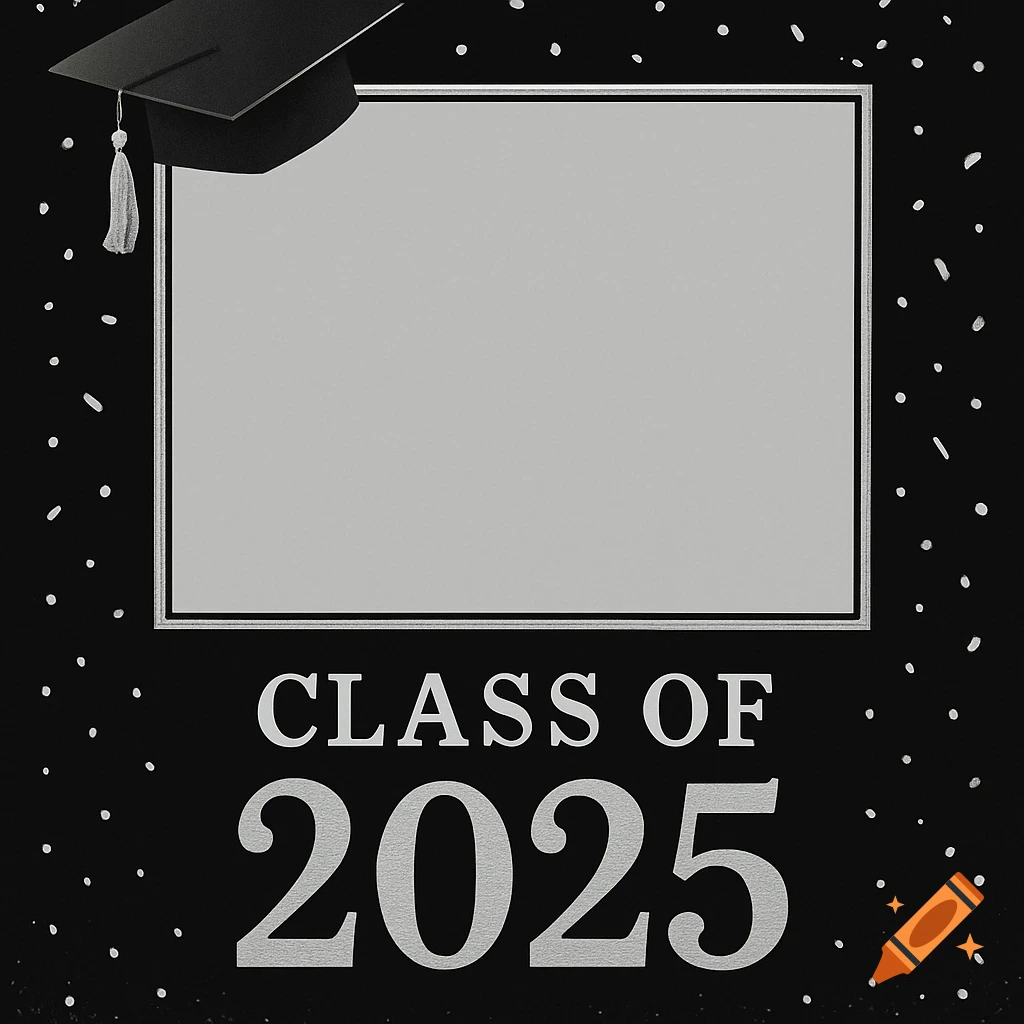 Black and silver graduation photo booth template with frame, cap, confetti, and 'CLASS OF 2025' text.