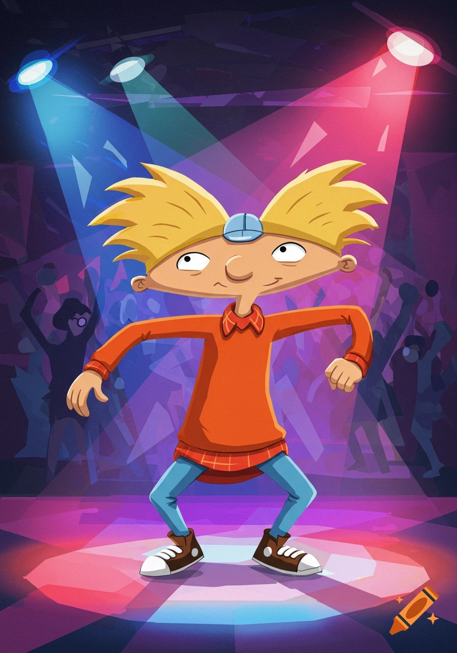 Cartoon character Arnold dancing under spotlights at a party in a cubism style.