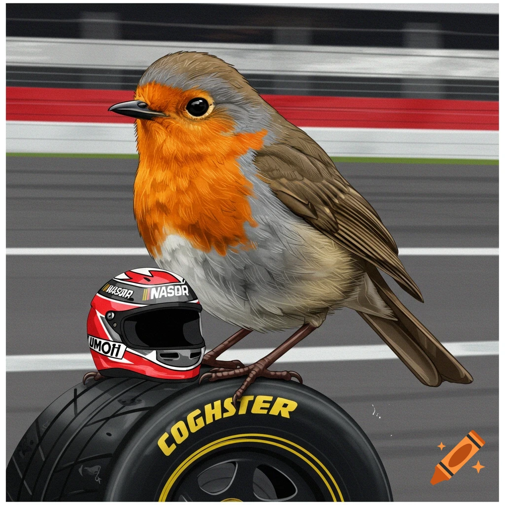 A robin stands on a race tire next to a NASCAR helmet on a track ...