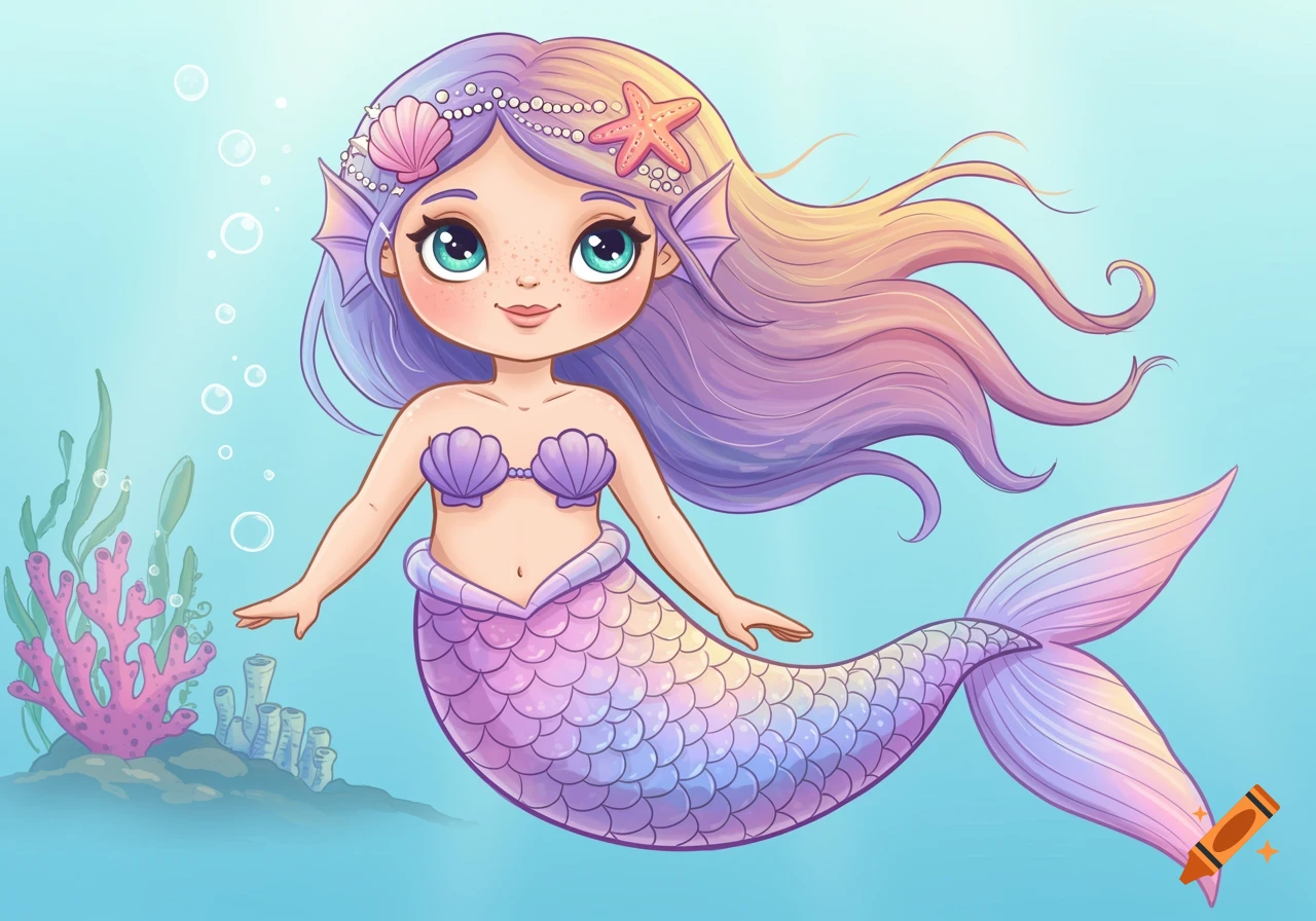 A cute cartoon mermaid with purple and pink tail swimming underwater.