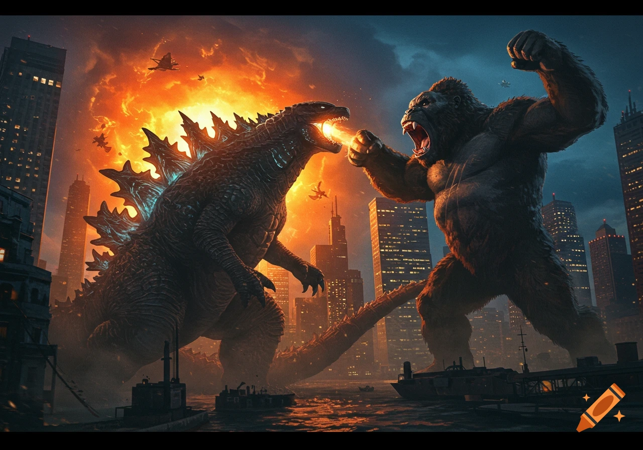 Godzilla battles King Kong in a burning city landscape.
