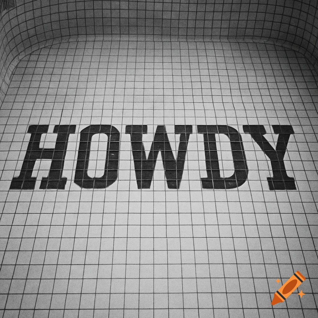 Black and white tiled surface spelling out 'HOWDY'.