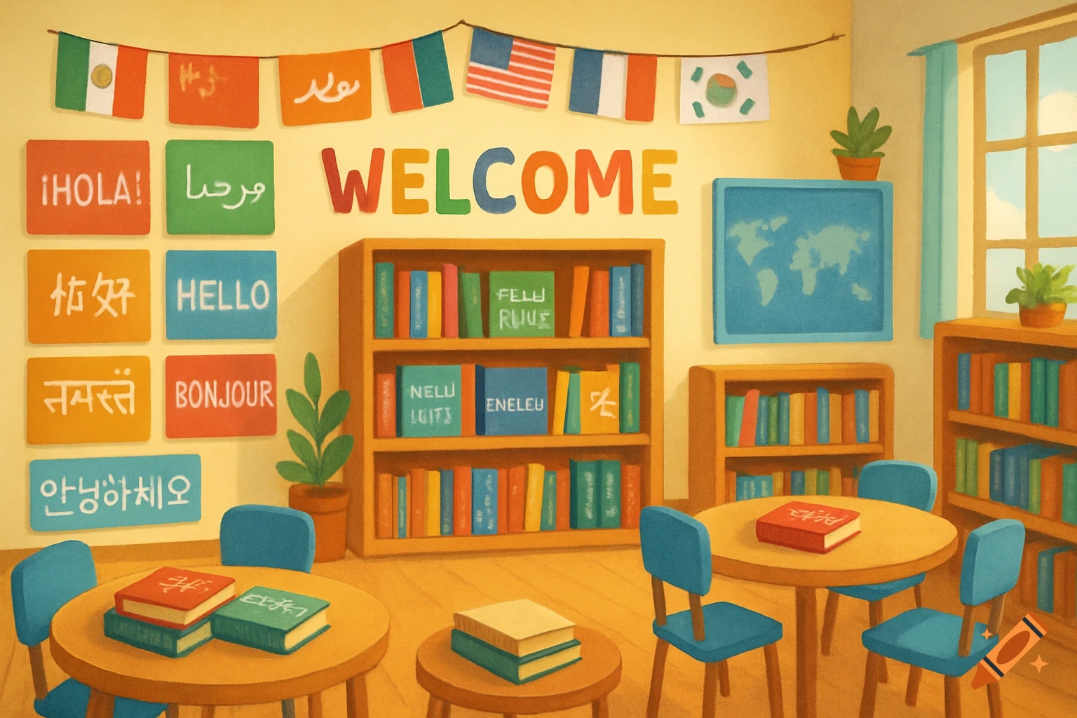 Illustrated classroom with flags, multi-lingual welcome signs, bookshelves, tables, and chairs.