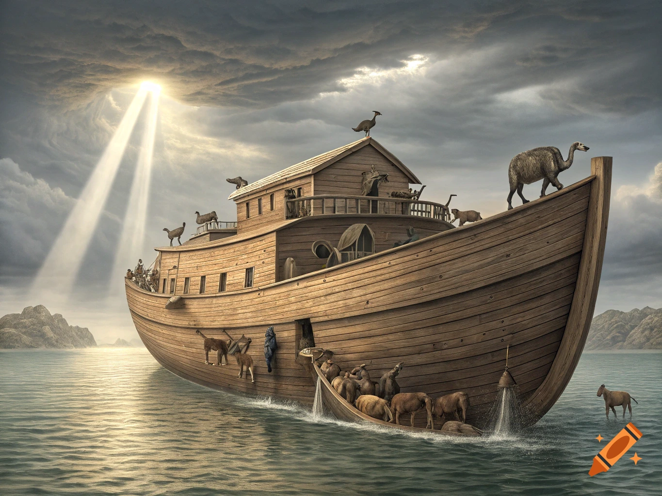 Noah's Ark sailing on water under a stormy sky with rays of light and animals aboard.