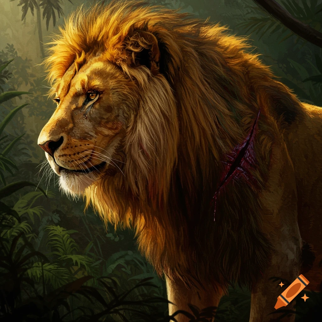 Close-up portrait of a majestic male lion with a shoulder wound, standing in a lush jungle.