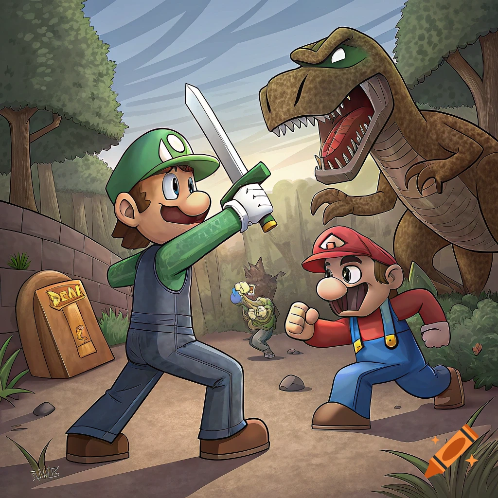 Cartoon illustration of Luigi holding a sword while Mario runs in a jungle scene with a dinosaur, a gravestone, and another figure.