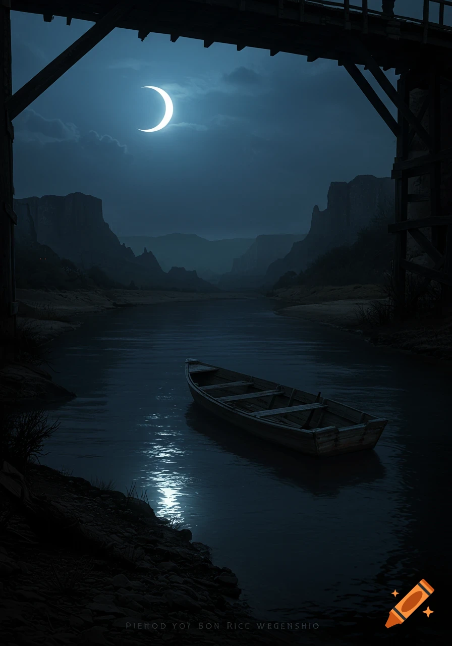A dark river flows through a canyon under a crescent moon at night, with a boat on the water under a bridge.