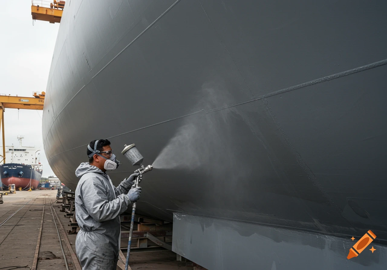 A worker wearing a respirator and protective suit spray paints the hull of a large ship in a dry dock.