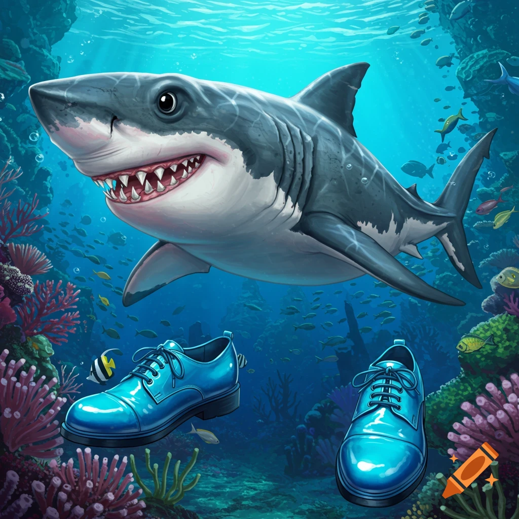 Cartoonish great white shark swimming underwater next to two bright blue dress shoes, with coral and fish.