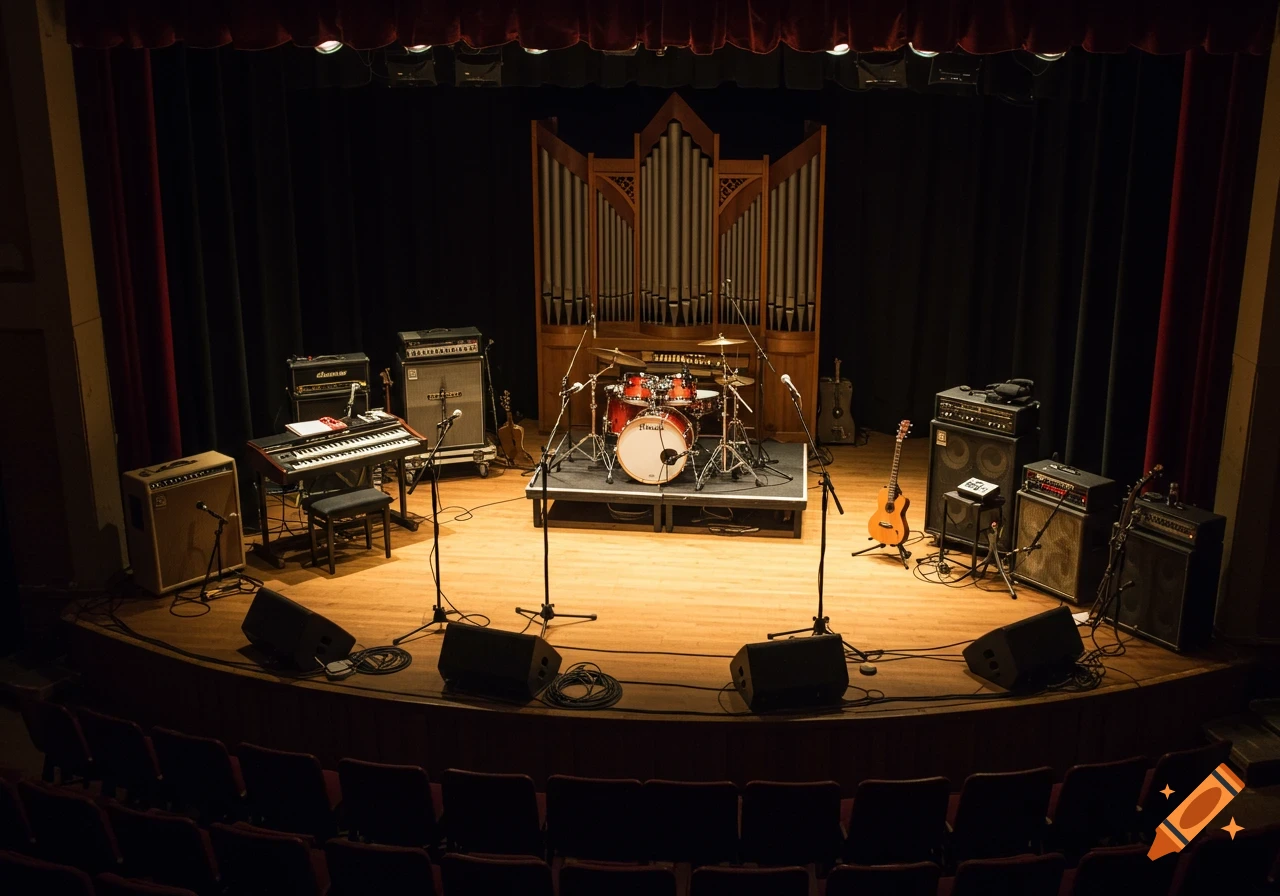 A music stage setup in a theatre with drums, keyboard, amplifiers, and microphones.