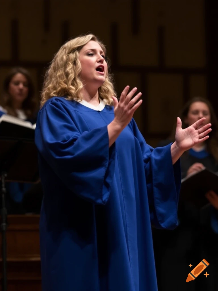 Woman in blue choir robe singing with hands raised