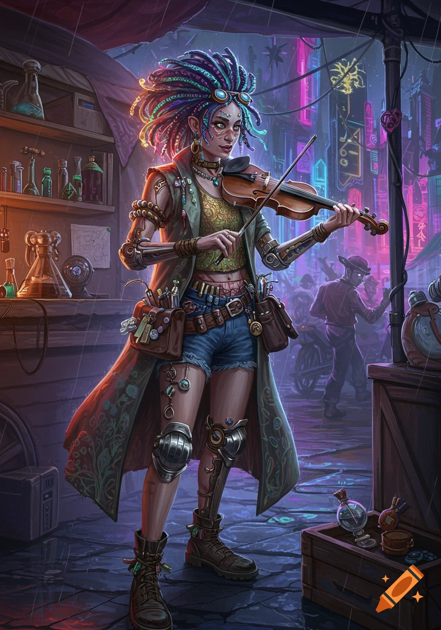 Cyberpunk woman with dreadlocks playing violin in rainy street market.