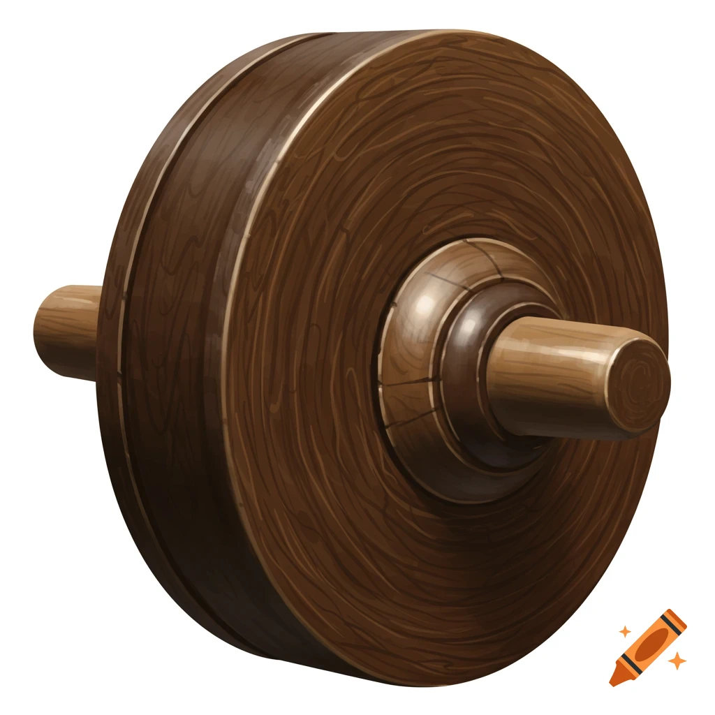 A detailed illustration of a wooden wheel with a wooden axle.