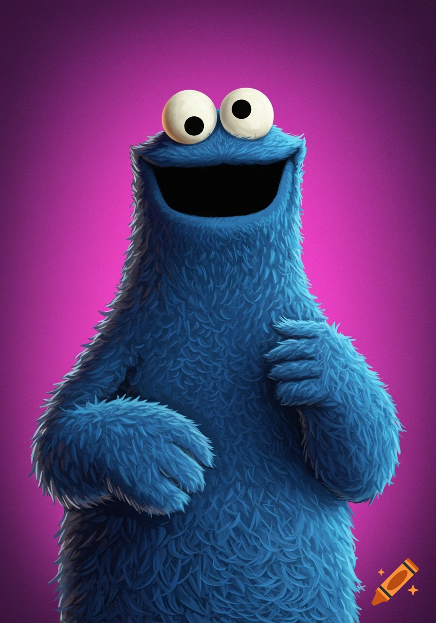 A blue, fuzzy monster with large eyes and a wide smile against a purple background.