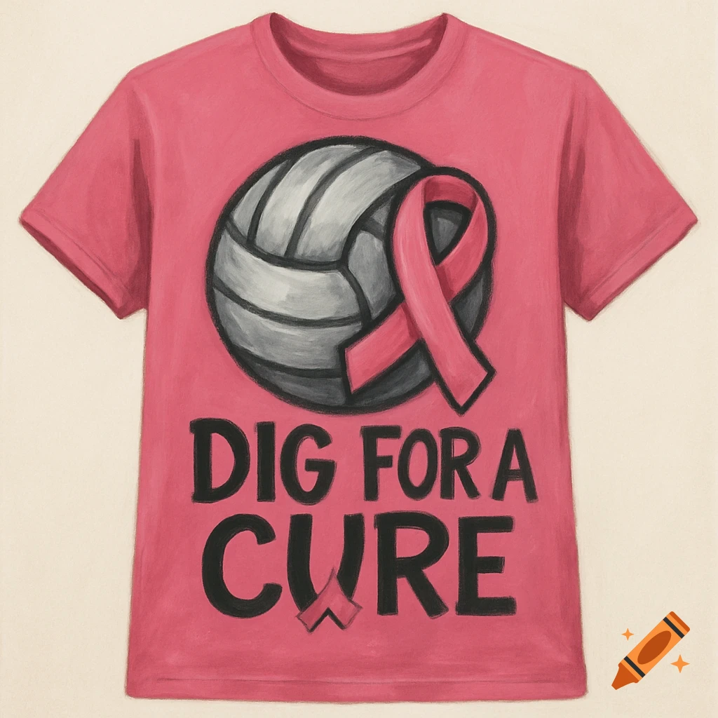 Pink t-shirt design with volleyball, breast cancer ribbon, and 'Dig For a Cure' text in painted style.