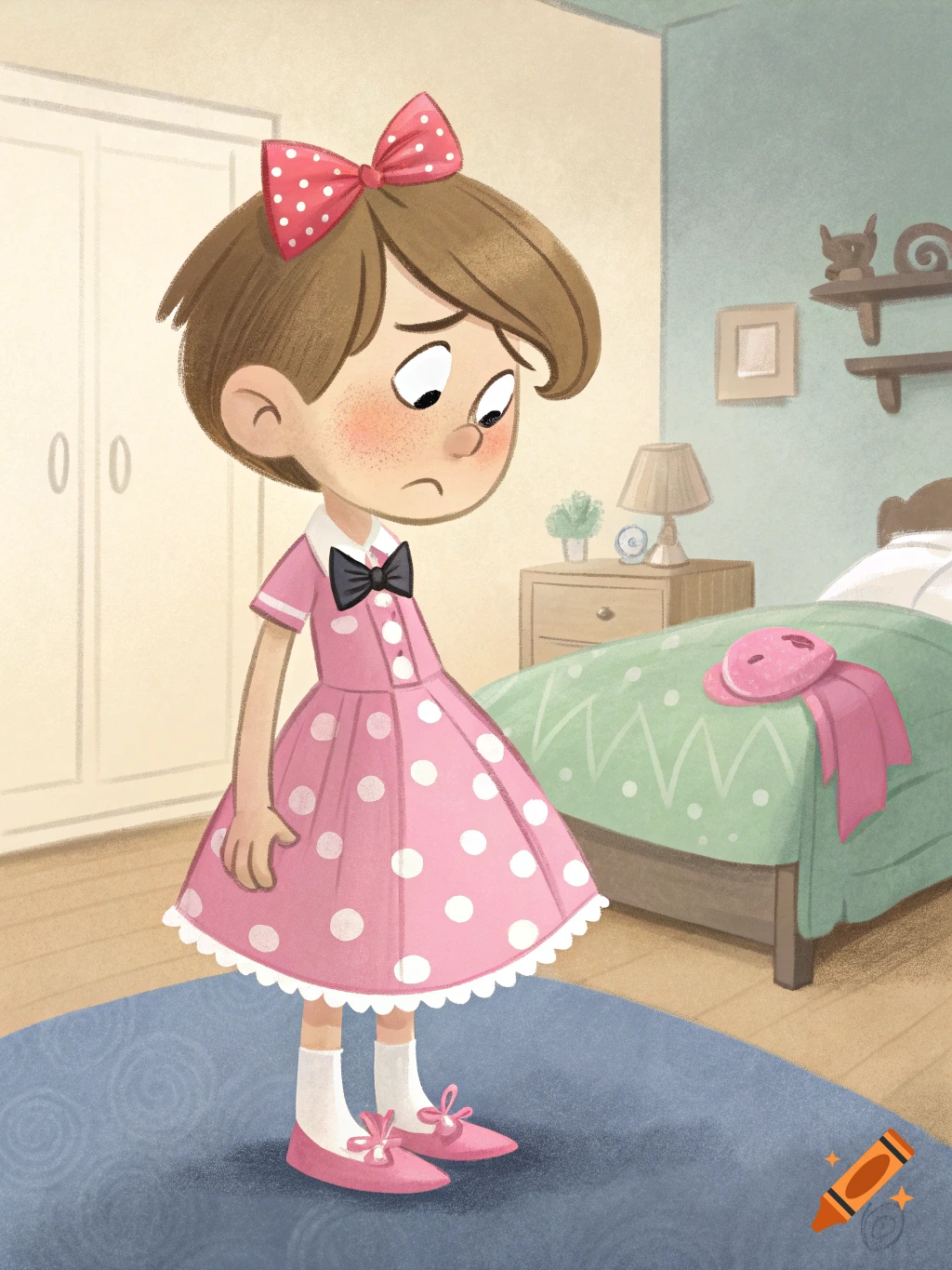 Illustration of a sad child in a pink polka-dot dress and pink shoes standing in a bedroom.