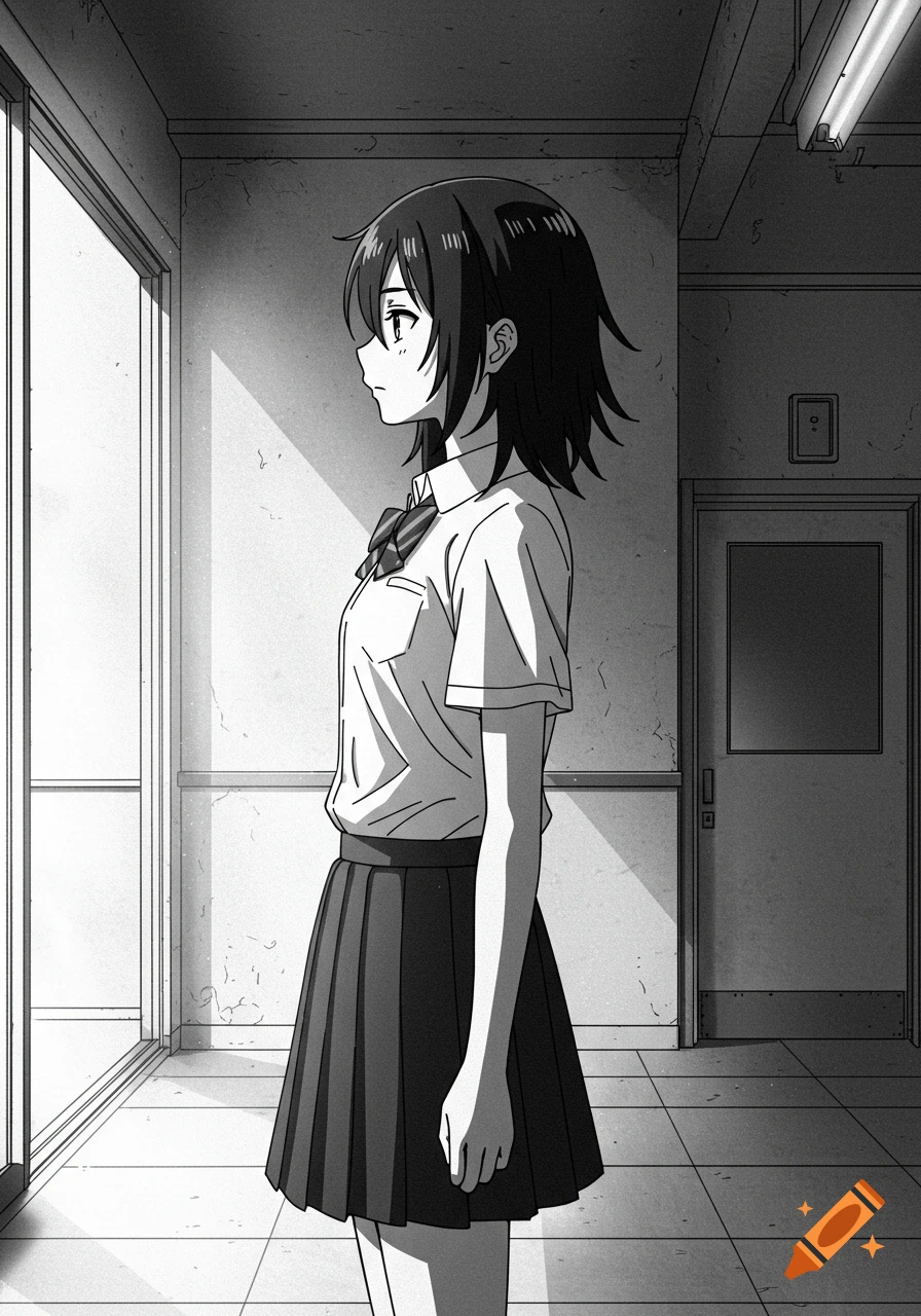 Black and white anime illustration of a schoolgirl standing in a hallway looking out a window.