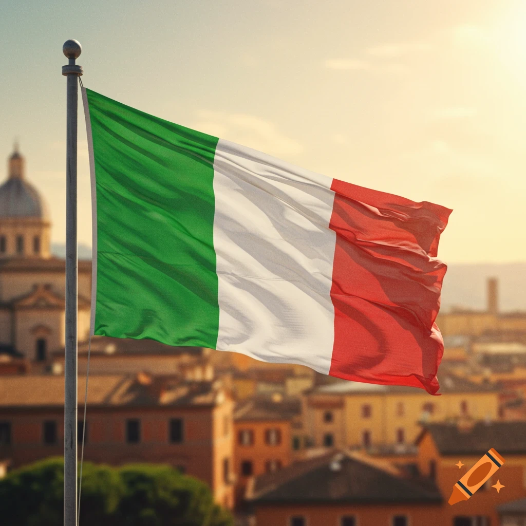 An Italian flag waves over a blurred city skyline with a dome.