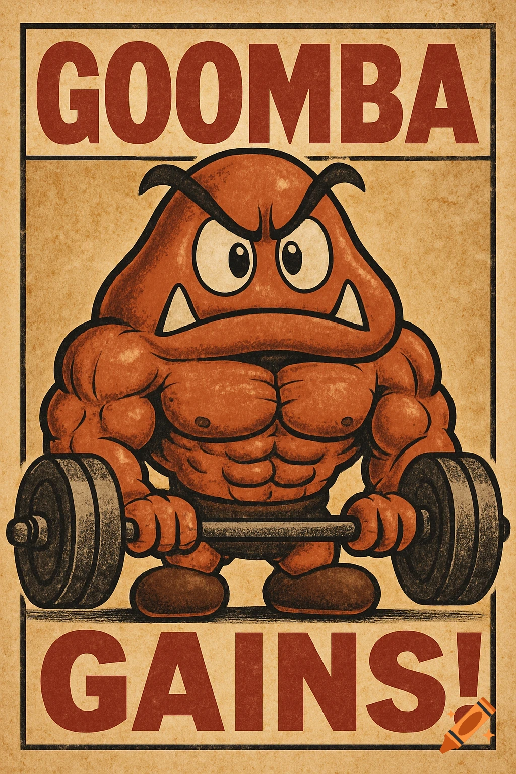 Vintage poster of a muscular Goomba lifting a barbell, with the text 'GOOMBA GAINS!'