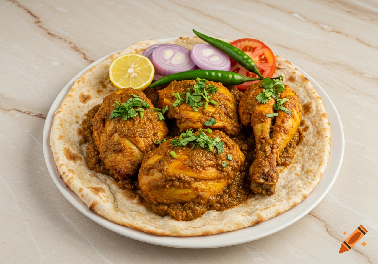 A plate of chicken curry on naan with onions, chilies, lemon, and tomato garnish.