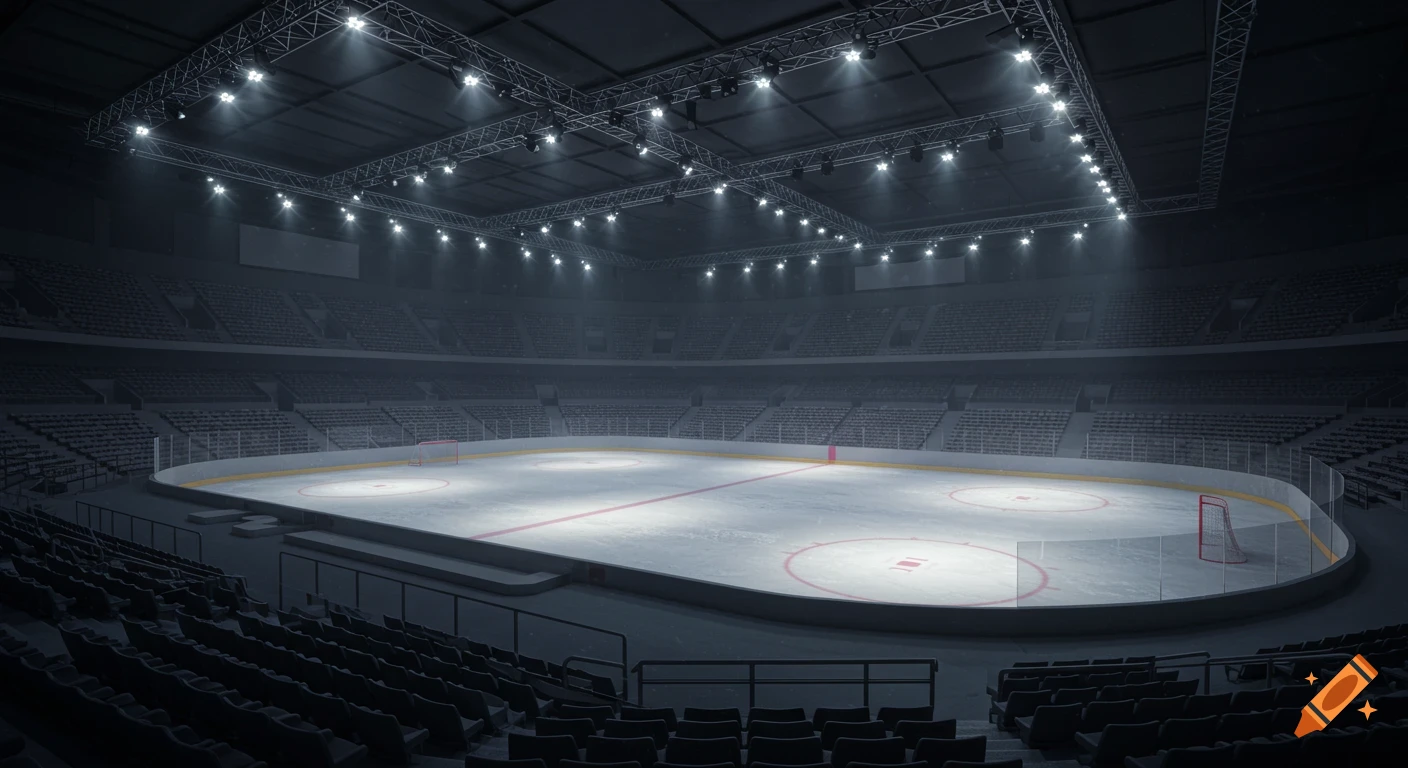 Empty ice hockey arena illuminated by spotlights.