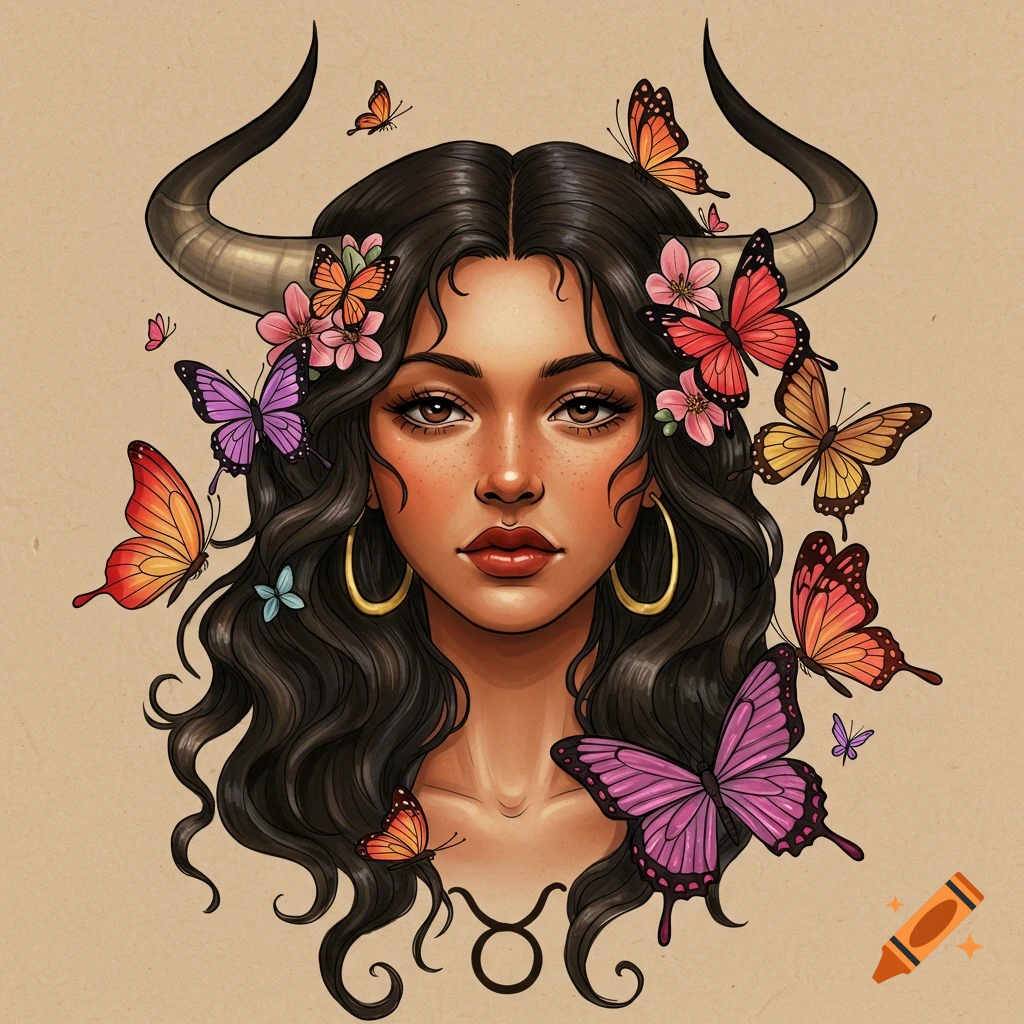 Illustration of a woman with bull horns and flowers in her hair, surrounded by colorful butterflies, with a Taurus symbol below.