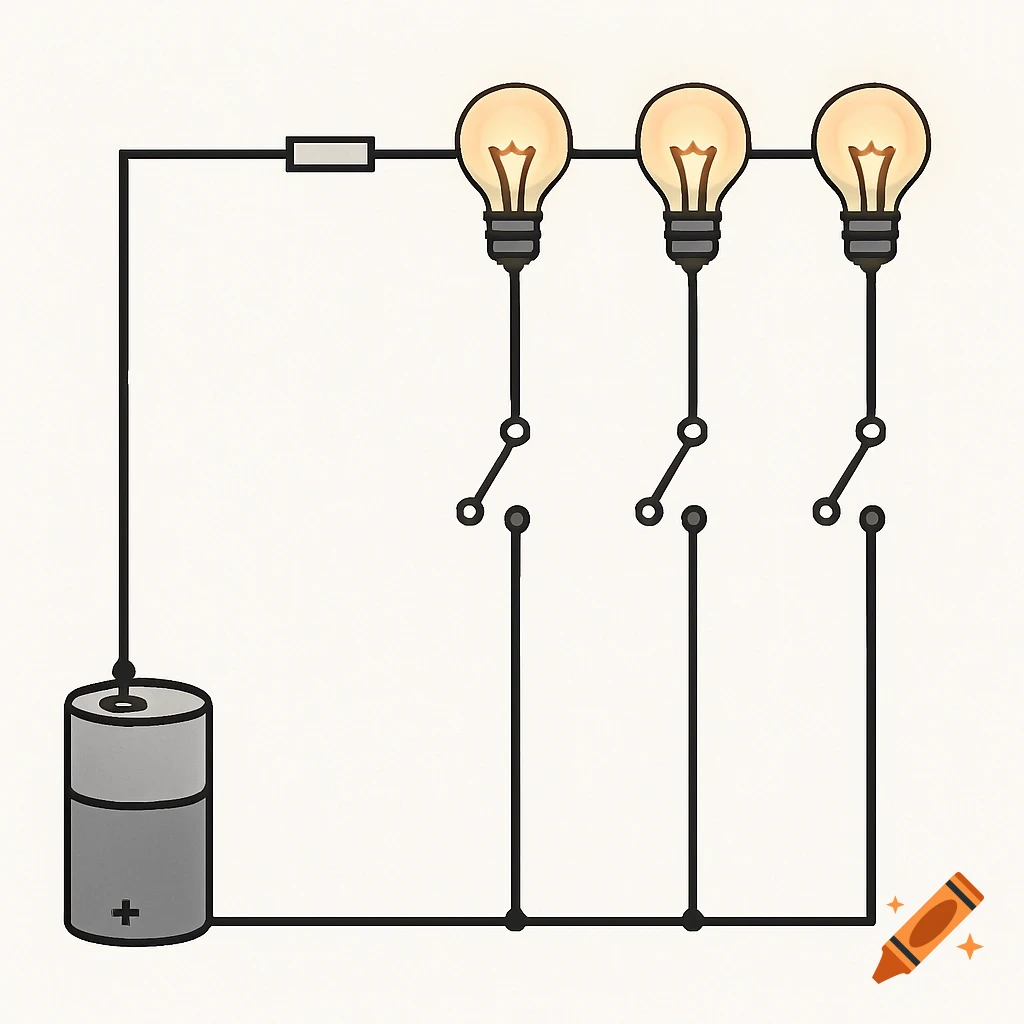 Electrical circuit diagram with battery, resistor, three light bulbs, and three switches.