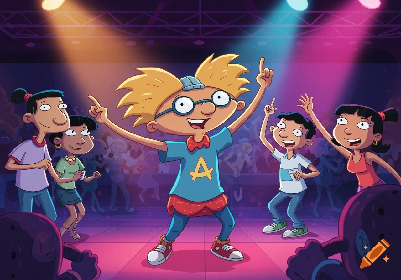 Arnold from Hey Arnold dancing in a club with other characters.