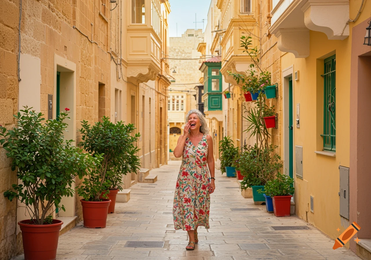 An older woman laughs while walking down a narrow street lined with yellow buildings and potted plants.
