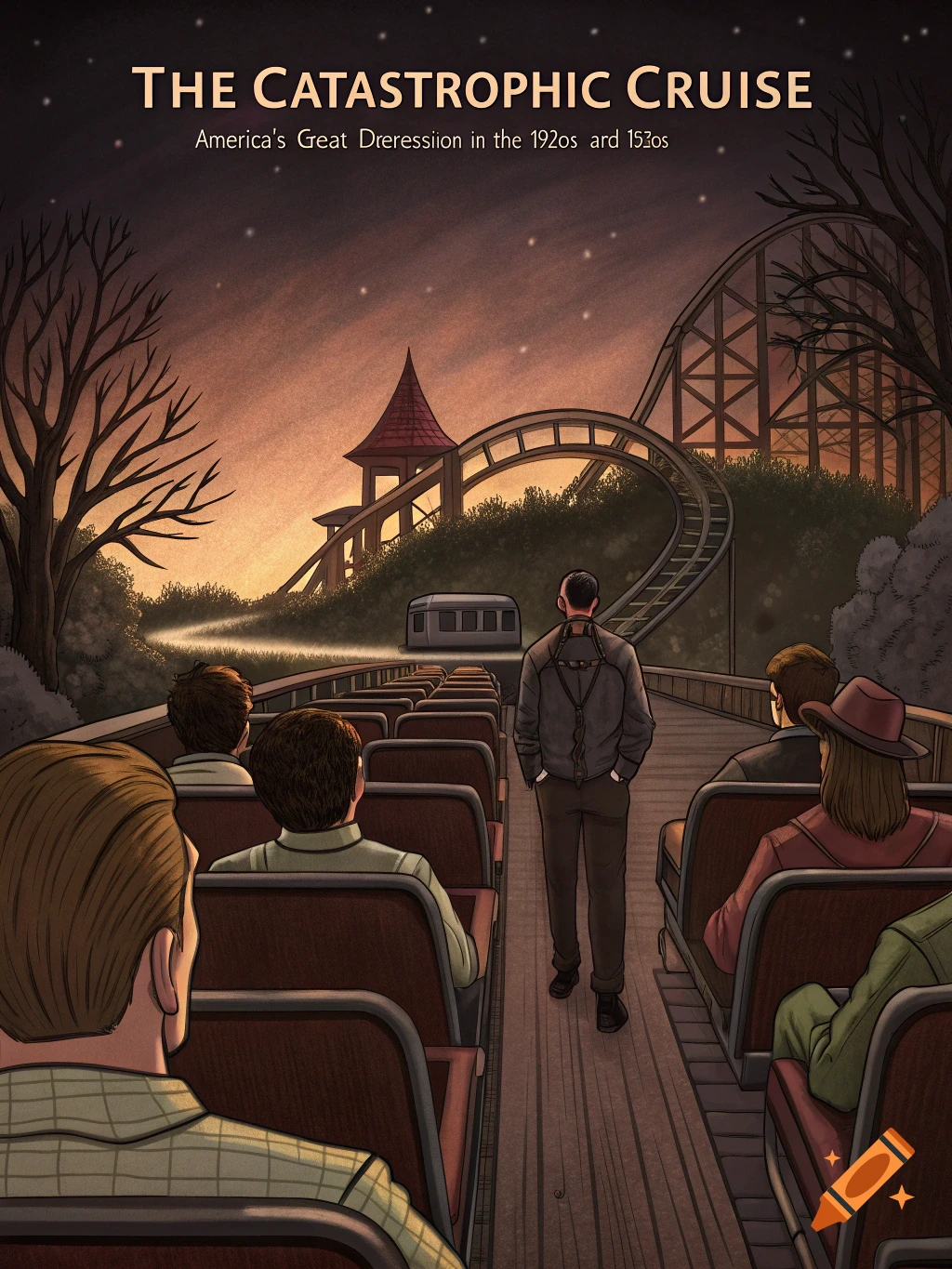 Illustration of people on a roller coaster ride car at night, text overhead.