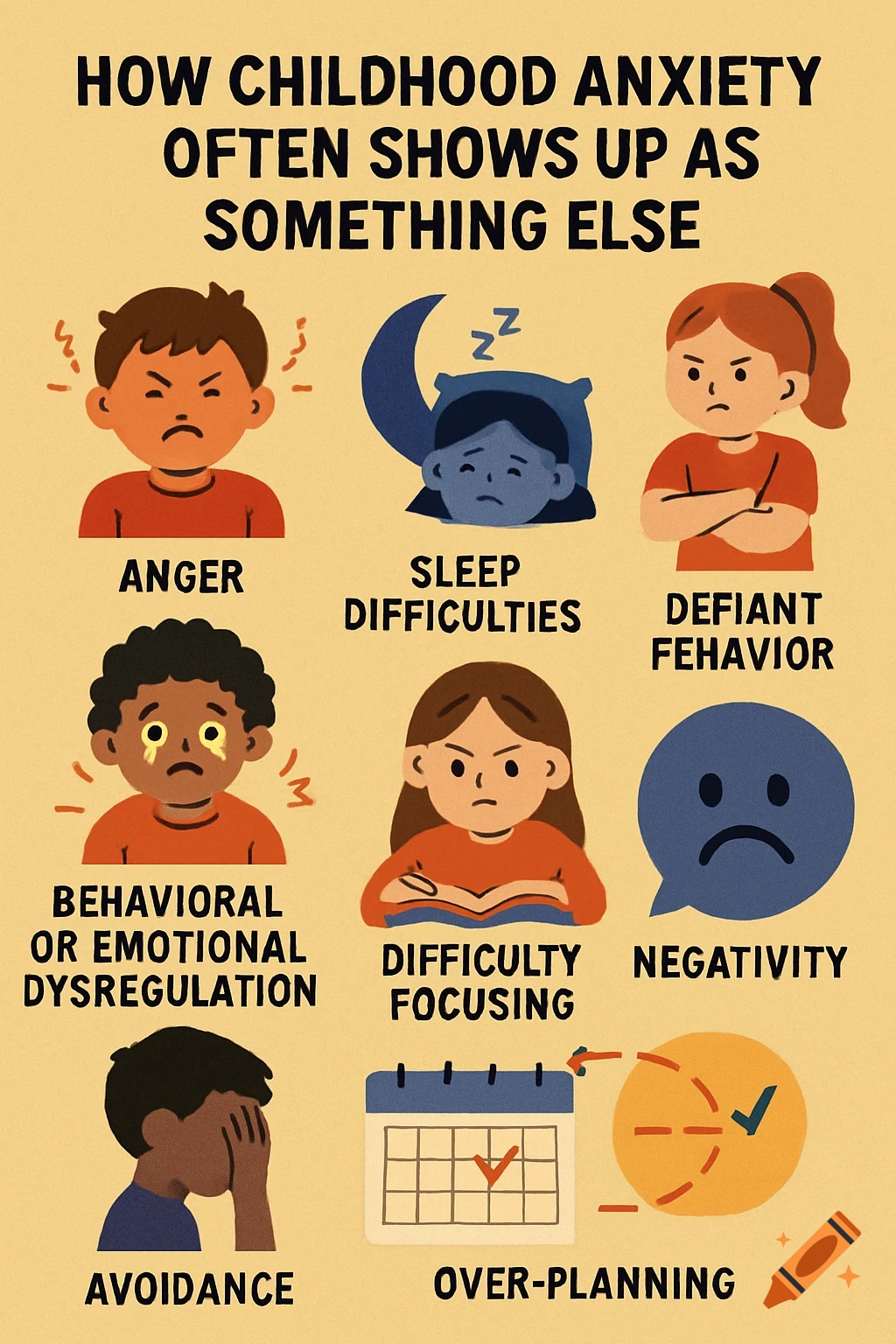 Illustration shows childhood anxiety symptoms: anger, sleep issues, defiant behavior, dysregulation, focusing difficulty, negativity, avoidance, over-planning.