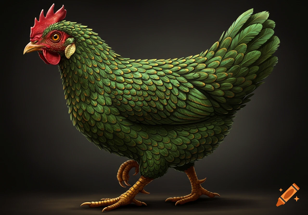 Illustration of a green chicken with scale-like feathers standing on a dark background.