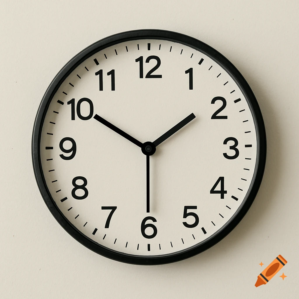 Close-up of a simple analog clock with a black frame on a light wall, hands pointing to 6 and 12.