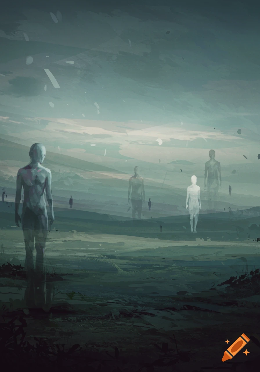 Ethereal figures stand in a misty, atmospheric landscape