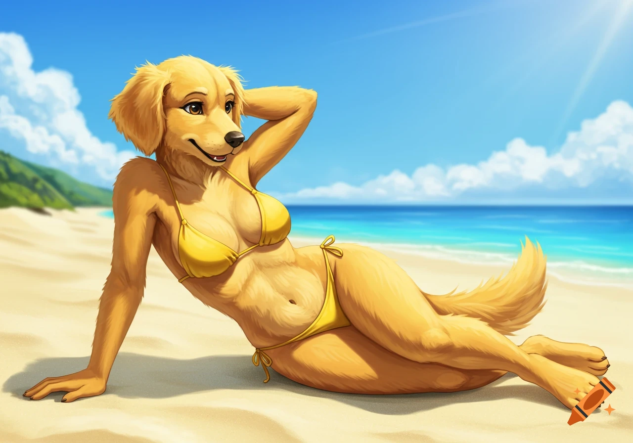 An anthro golden retriever in a yellow bikini lies on a sunny beach.
