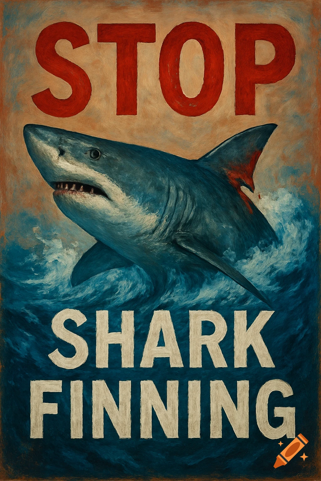 Poster with a great white shark and text 'STOP SHARK FINNING' in a painterly style.