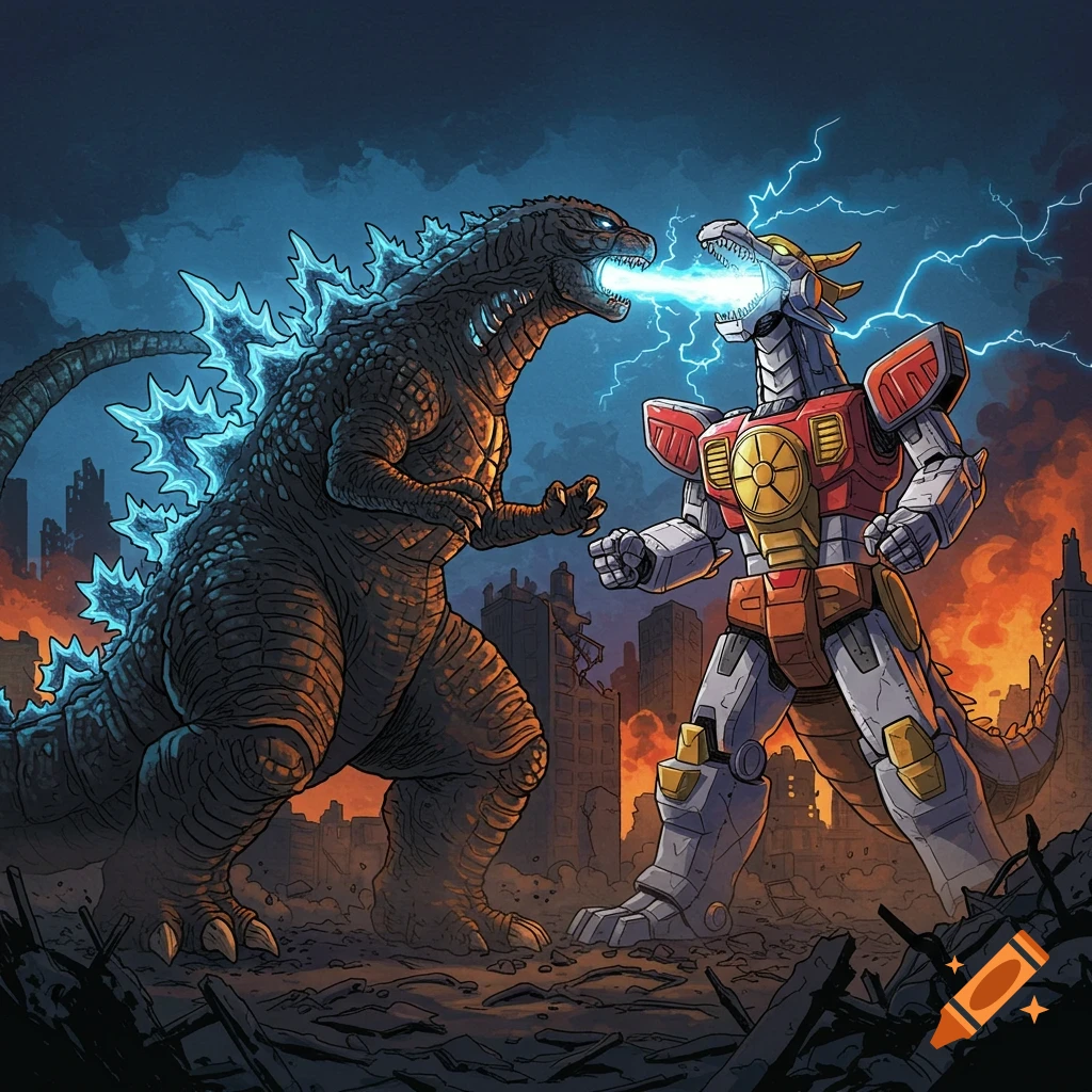 Godzilla battles the Dragonzord in a ruined city under a stormy sky, illustration.
